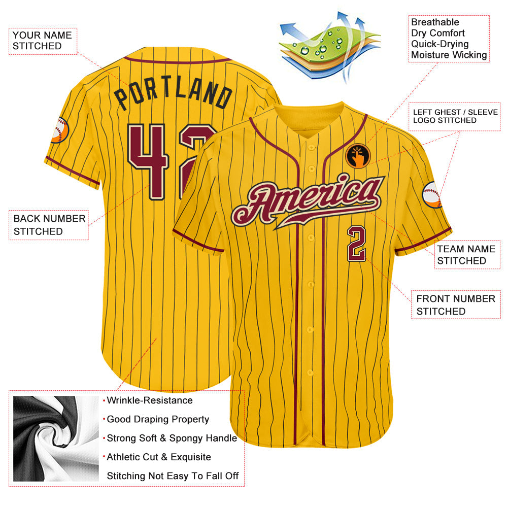 Custom Yellow Black Pinstripe Crimson-Cream Authentic Baseball Jersey view 3
