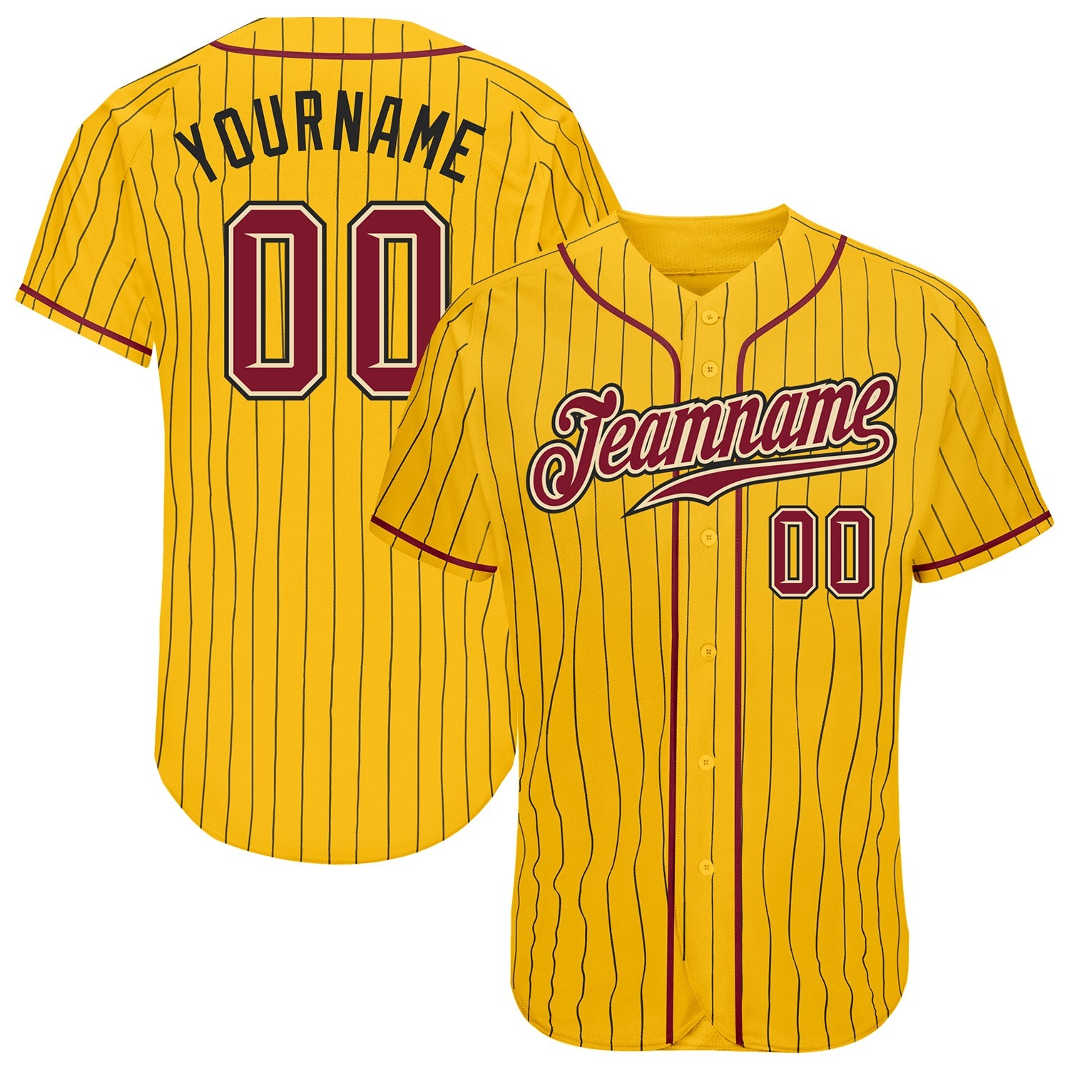 Custom Yellow Black Pinstripe Crimson-Cream Authentic Baseball Jersey - Main View