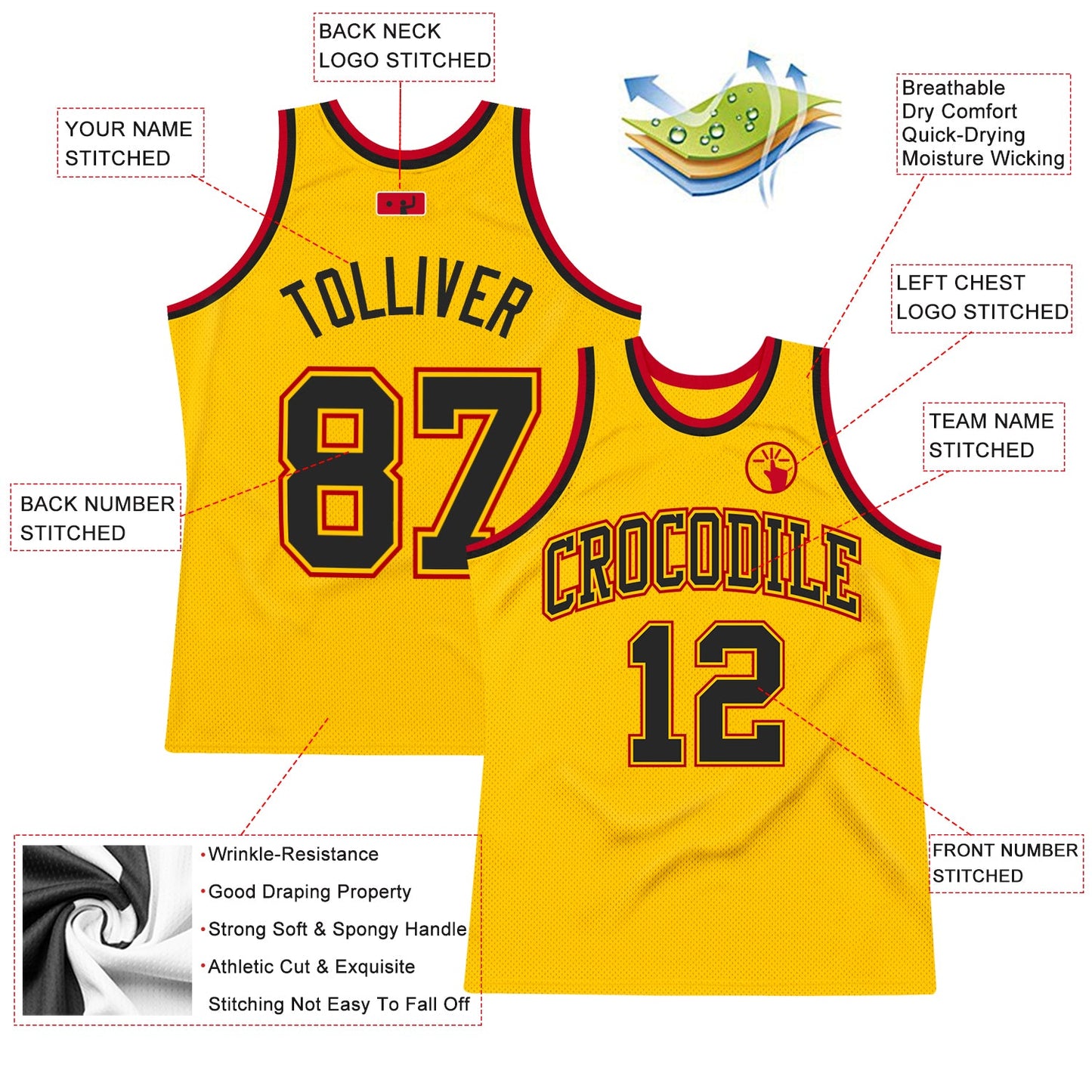 Custom Gold Black-Red Authentic Throwback Basketball Jersey view 2