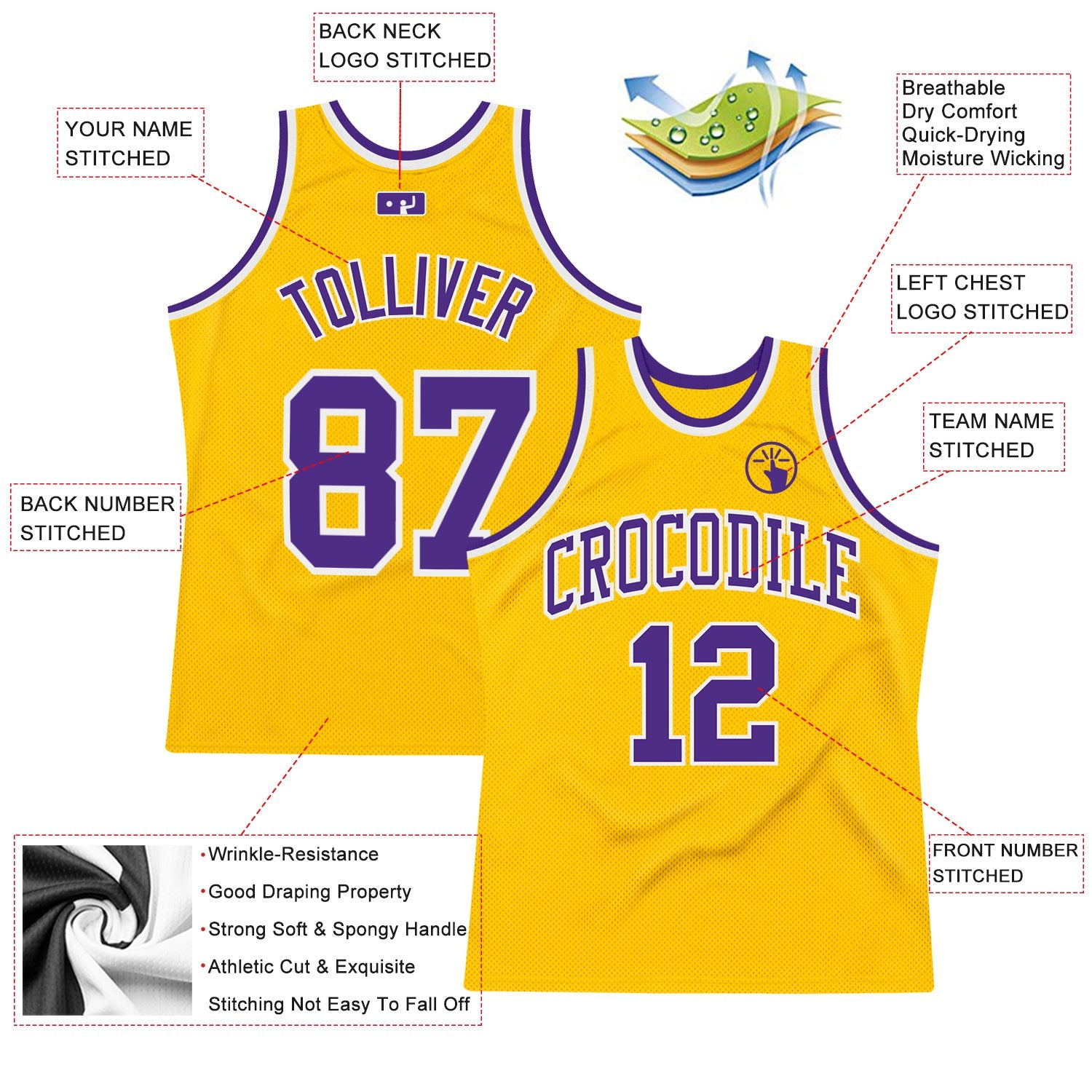 Custom Gold Purple-White Authentic Throwback Basketball Jersey view 3