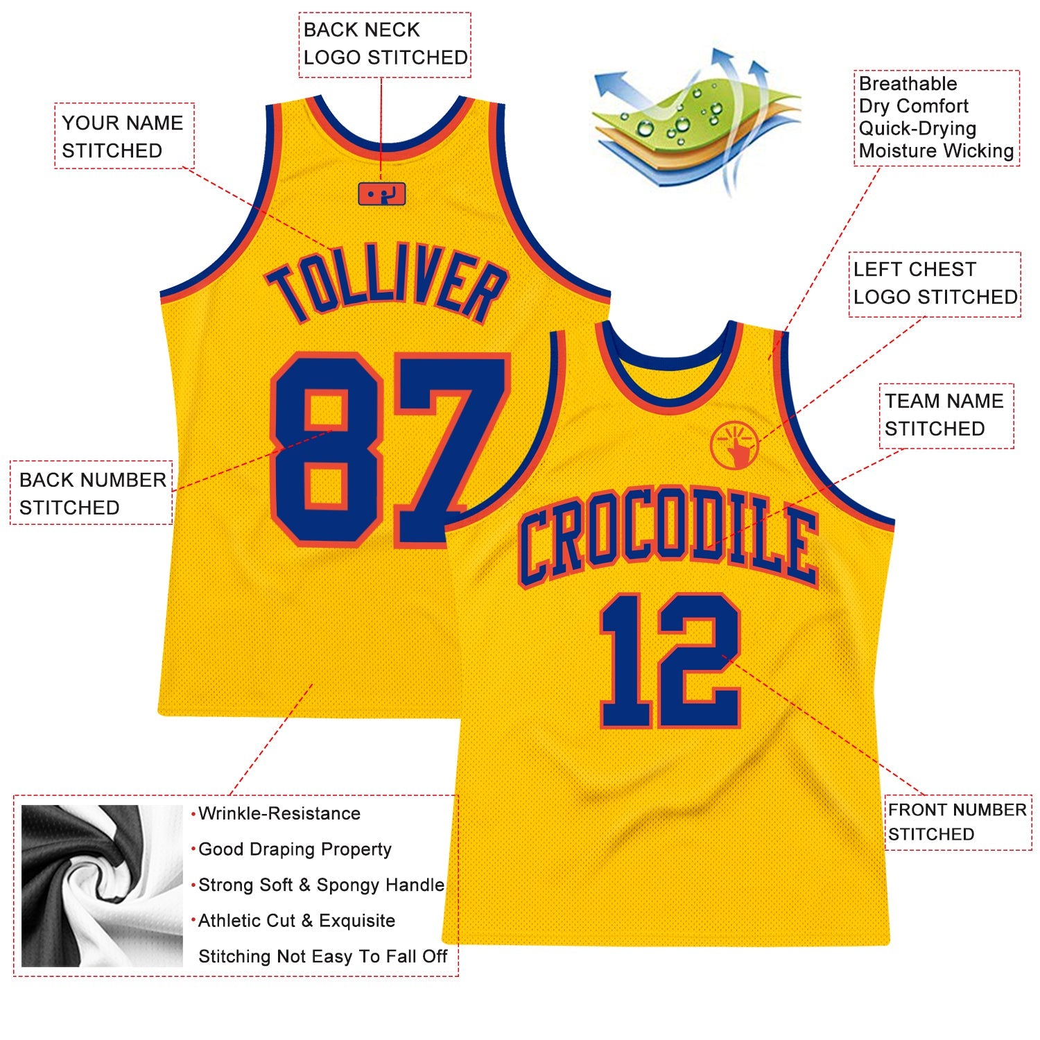 Custom Gold Royal-Orange Authentic Throwback Basketball Jersey view 2