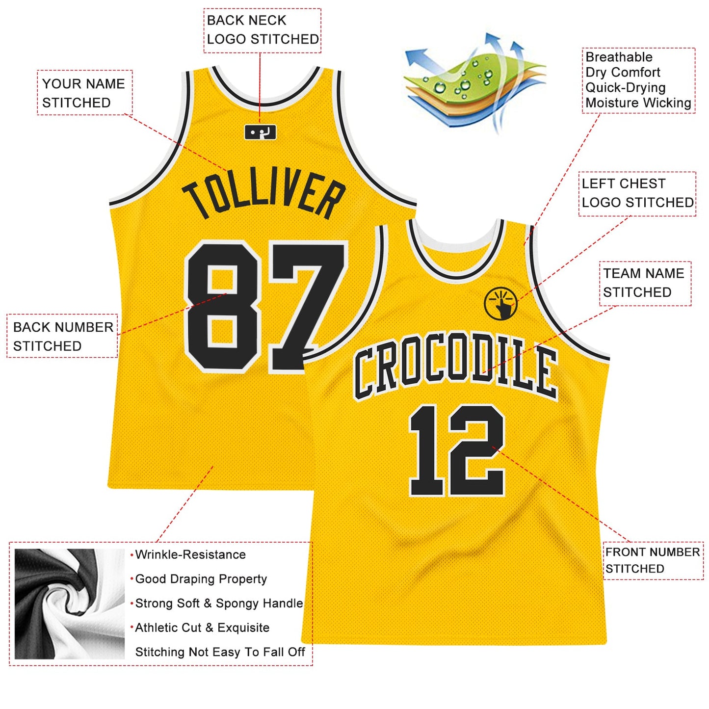 Custom Gold Black-White Authentic Throwback Basketball Jersey view 2