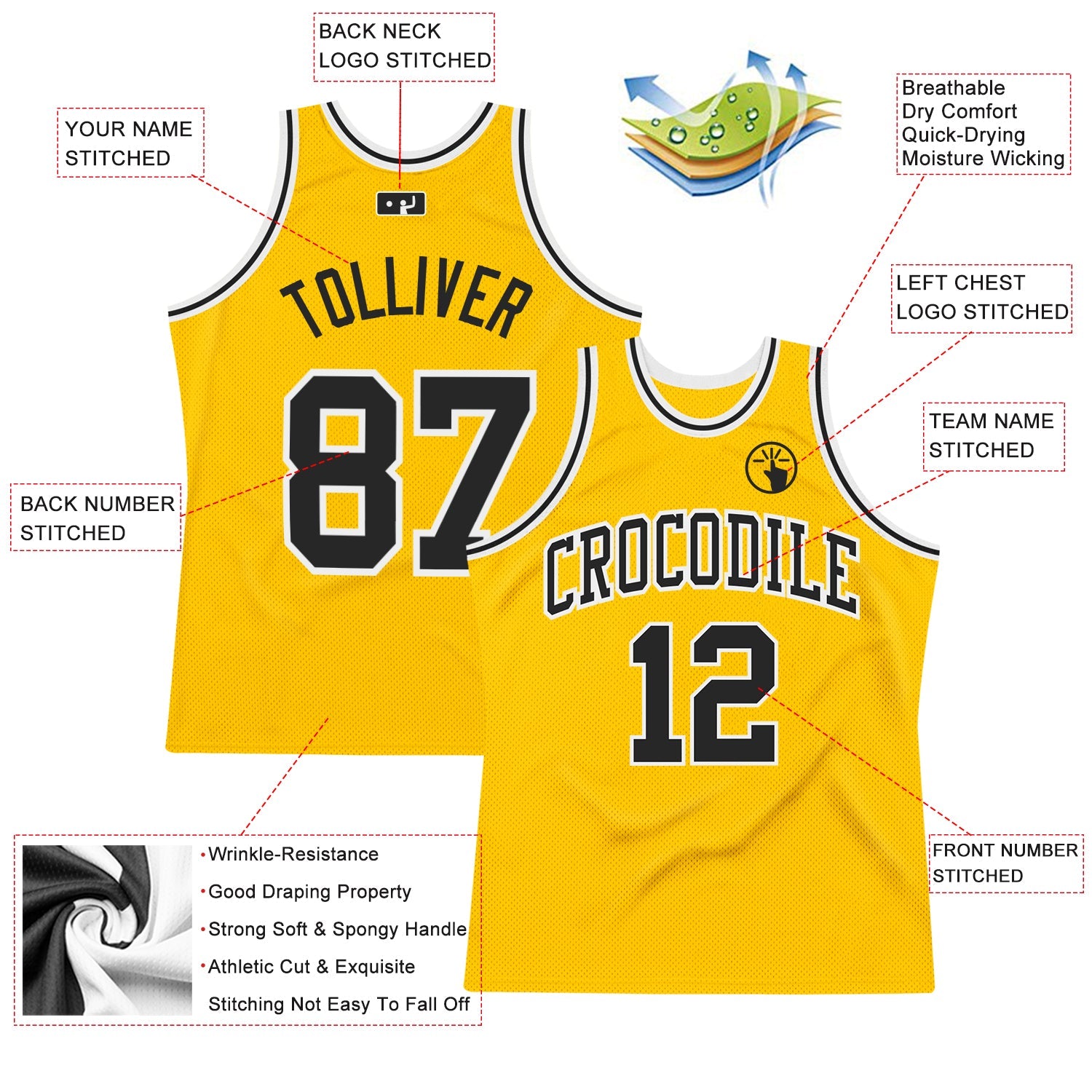 Custom Gold Black-White Authentic Throwback Basketball Jersey view 2