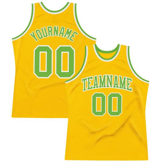 Custom Gold Neon Green-White Authentic Throwback Basketball Jersey - Main View