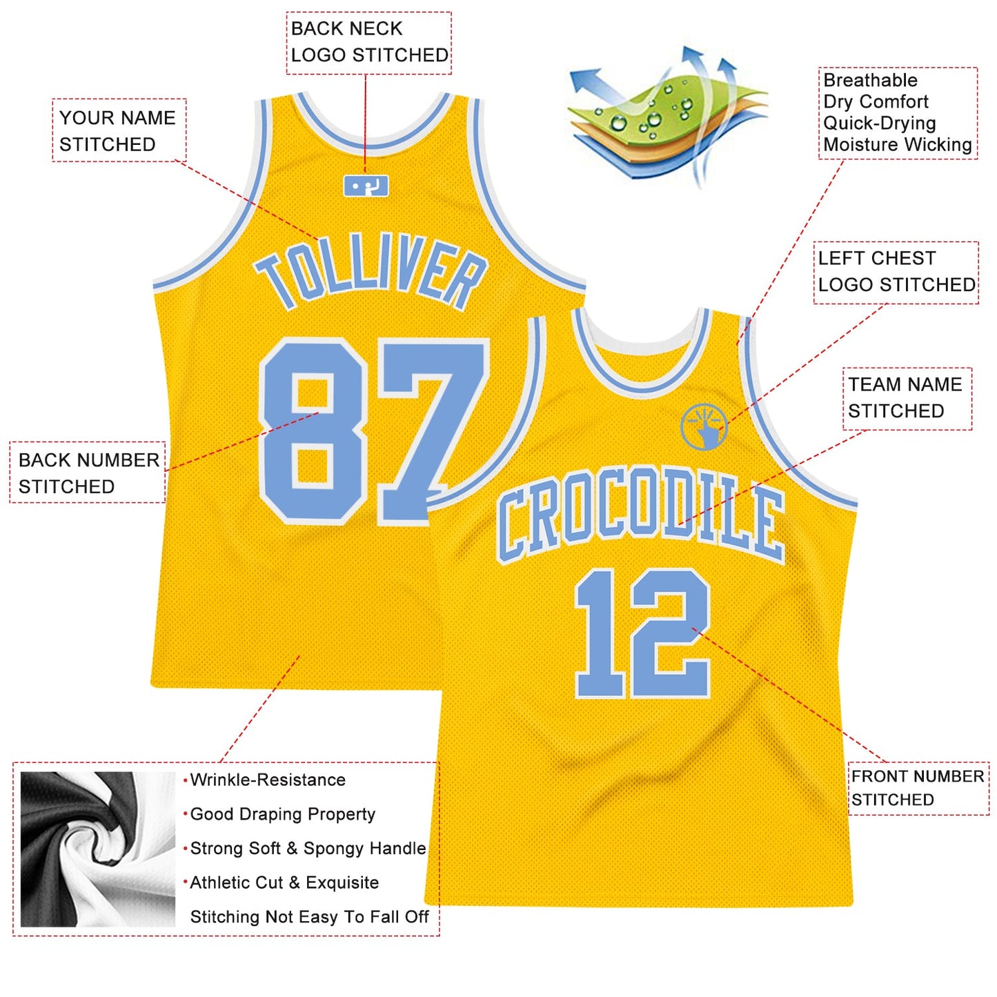 Custom Gold Light Blue-White Authentic Throwback Basketball Jersey view 2