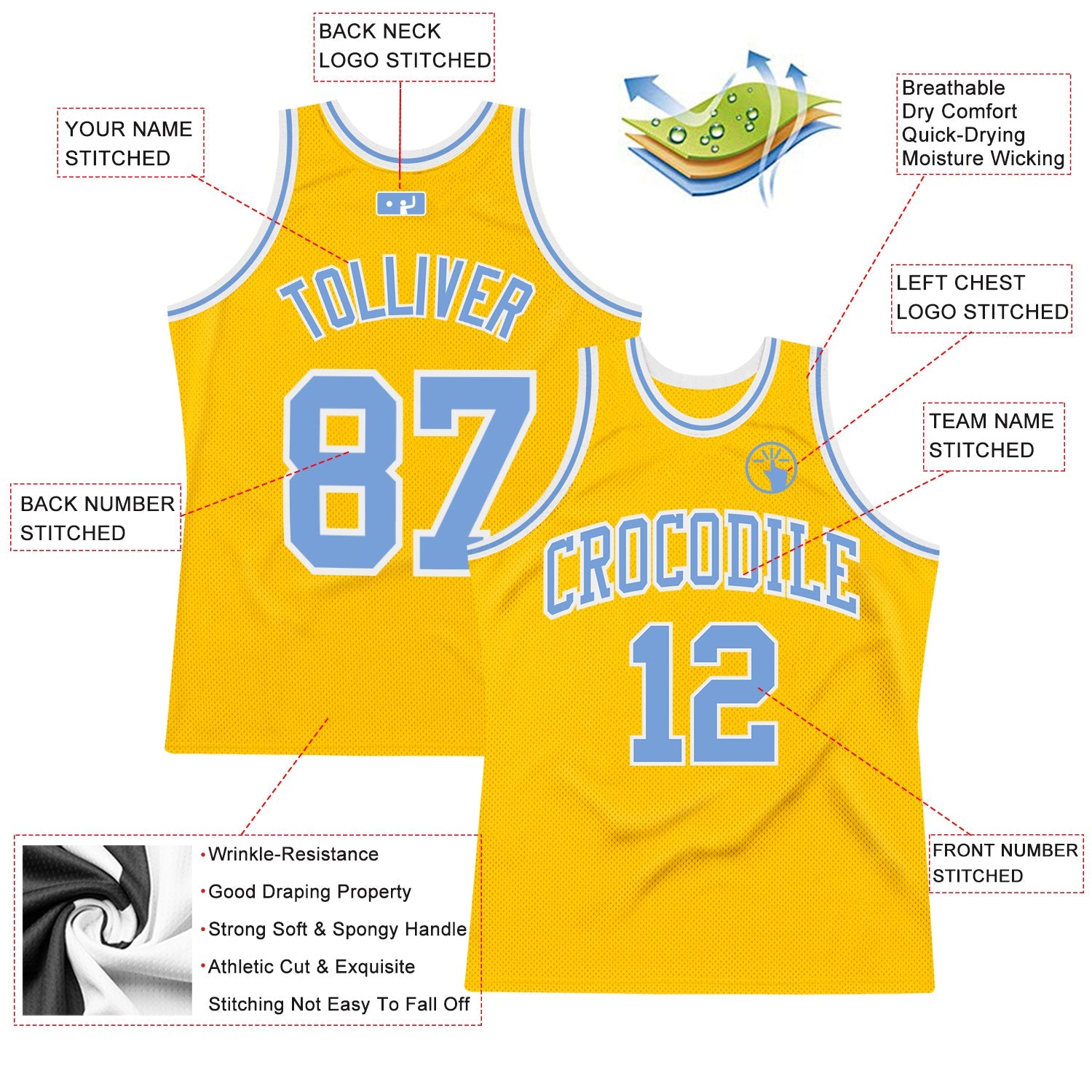 Custom Gold Light Blue-White Authentic Throwback Basketball Jersey view 2