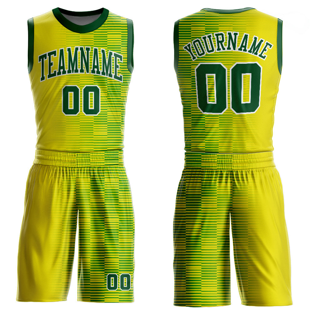 Custom Gold Green-White Round Neck Sublimation Basketball Uniform Jersey - Main View