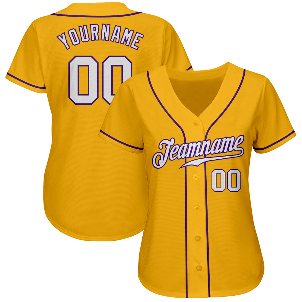 Custom Gold White-Purple Authentic Baseball Jersey view 2