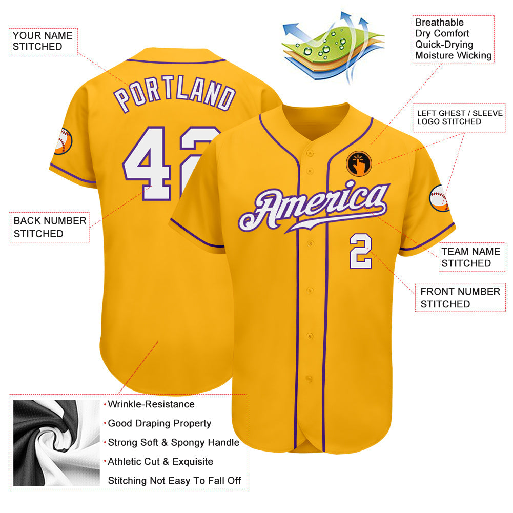 Custom Gold White-Purple Authentic Baseball Jersey view 3