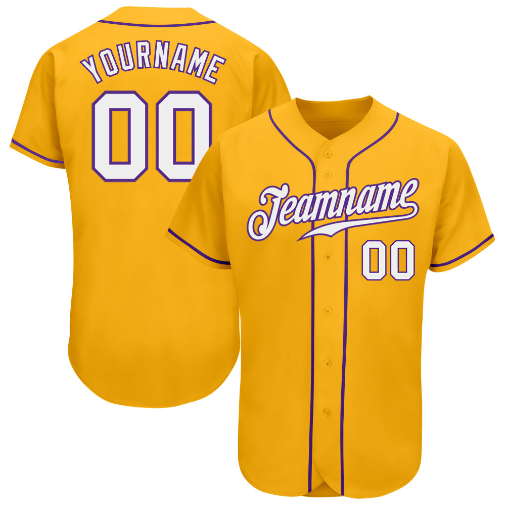 Custom Gold White-Purple Authentic Baseball Jersey - Main View