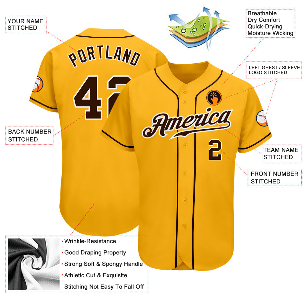 Custom Gold Brown-White Authentic Baseball Jersey view 3