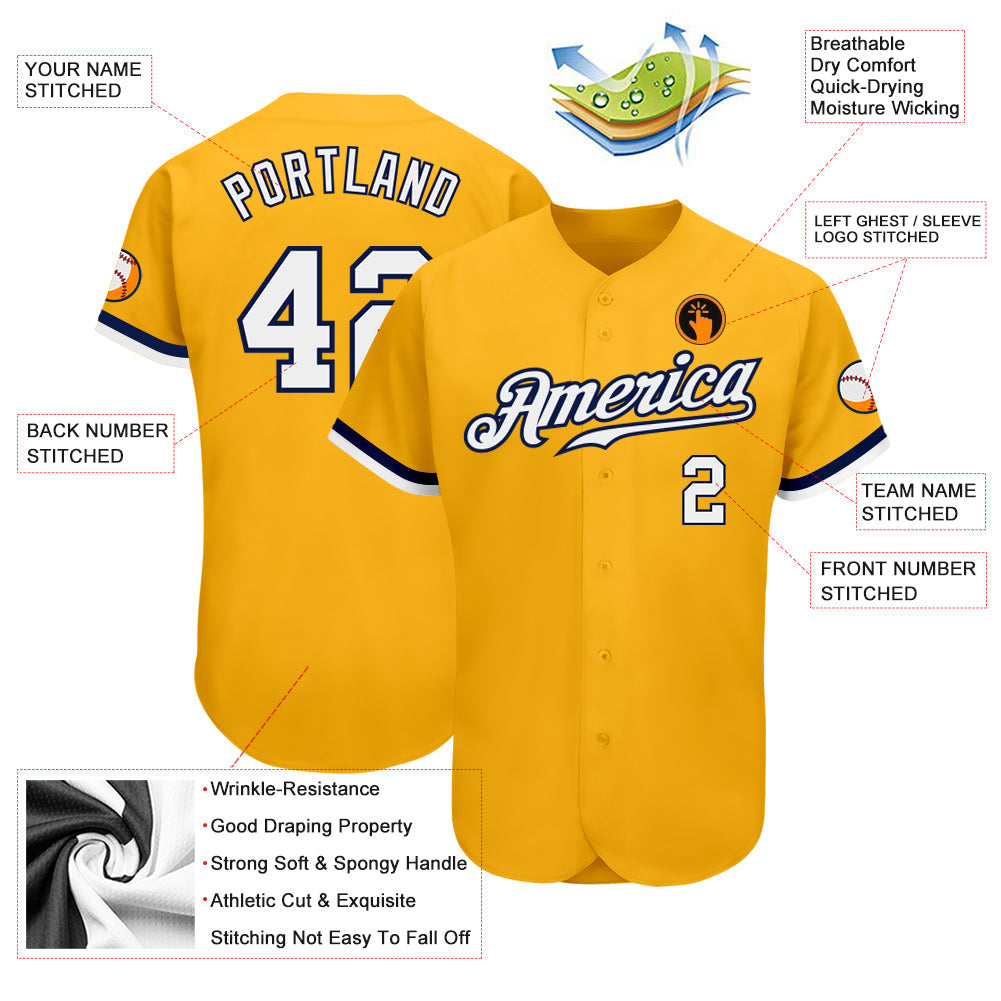 Custom Gold White-Navy Authentic Baseball Jersey view 3