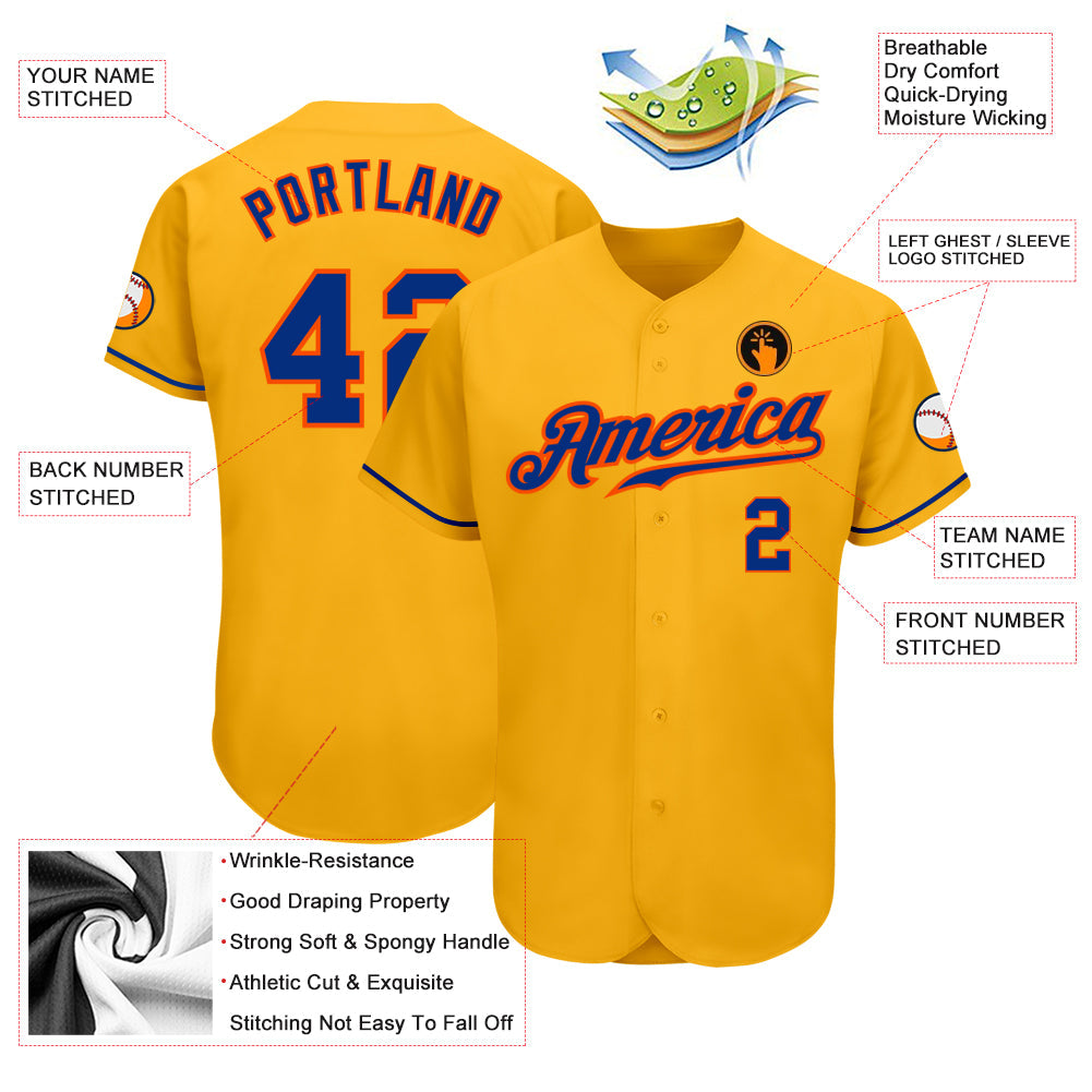 Custom Gold Royal-Orange Authentic Baseball Jersey view 3