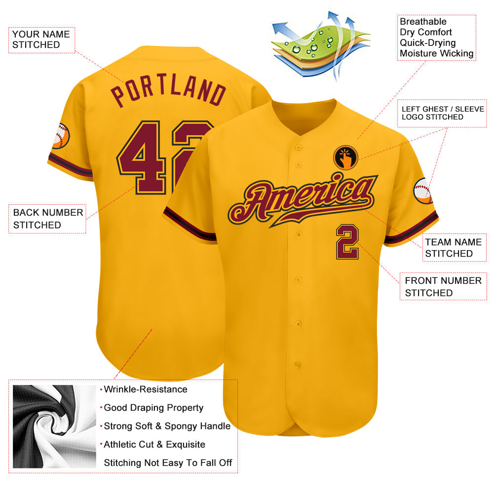 Custom Gold Crimson-Black Authentic Baseball Jersey view 3