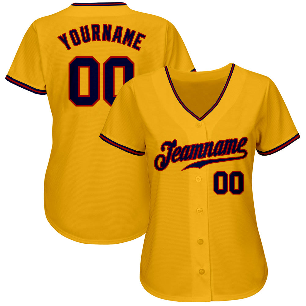 Custom Gold Navy-Red Authentic Baseball Jersey view 2