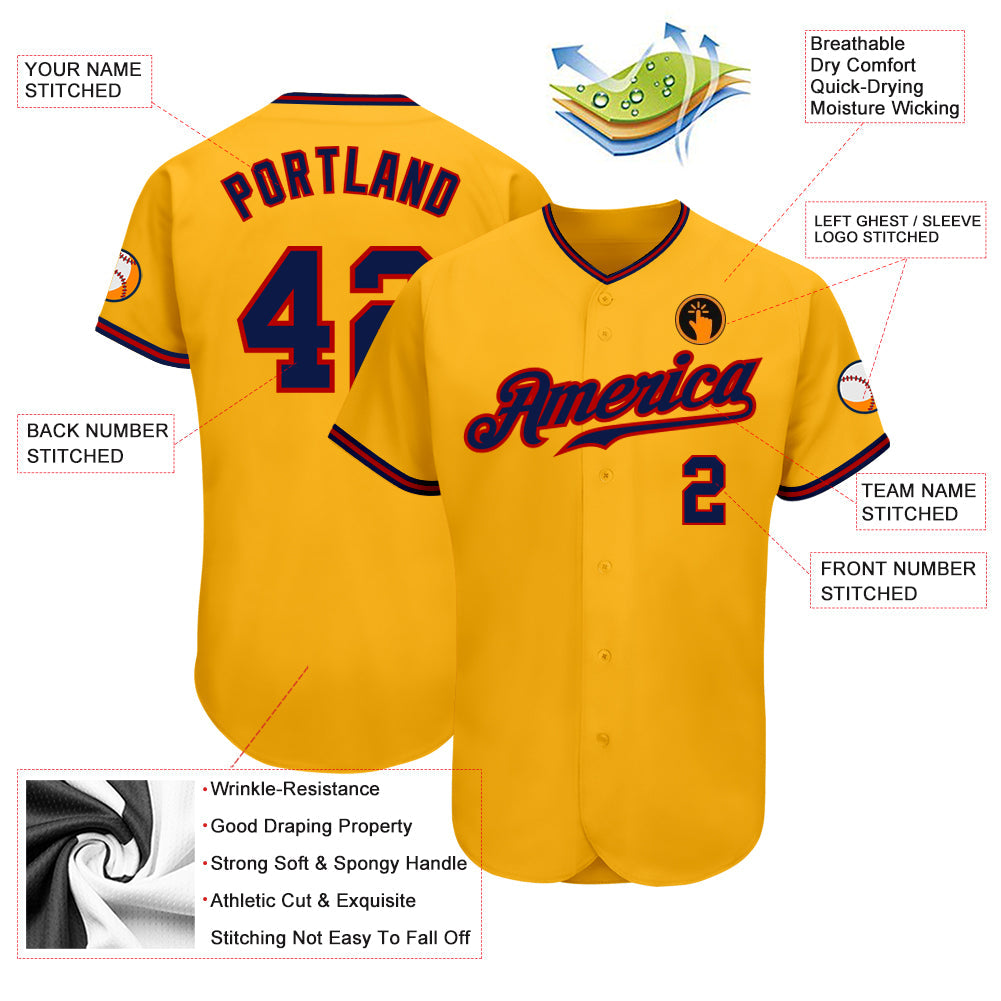 Custom Gold Navy-Red Authentic Baseball Jersey view 3