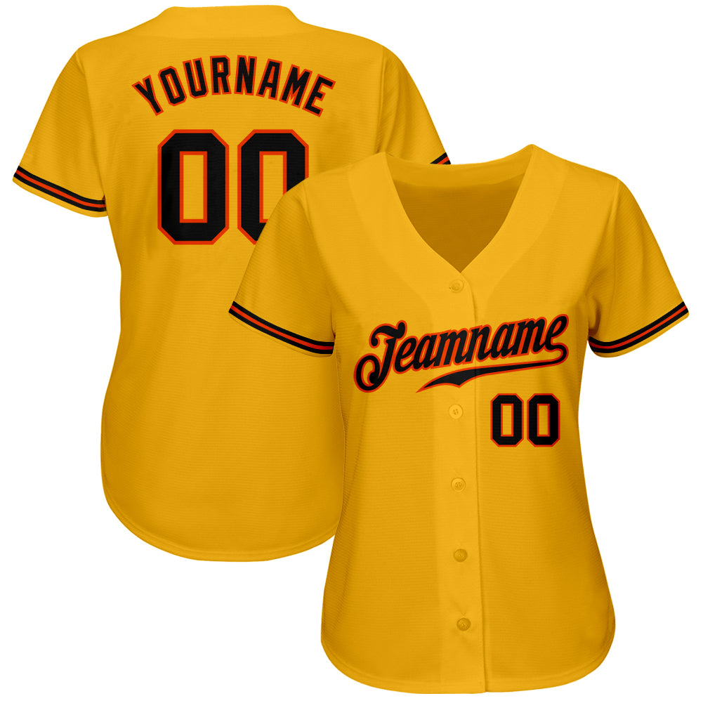 Custom Gold Black-Orange Authentic Baseball Jersey view 2
