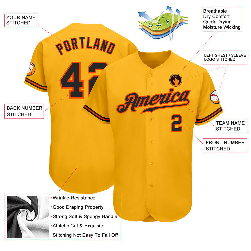 Custom Gold Black-Orange Authentic Baseball Jersey view 3