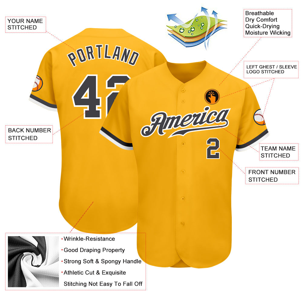 Custom Gold Steel Gray-White Authentic Baseball Jersey view 3