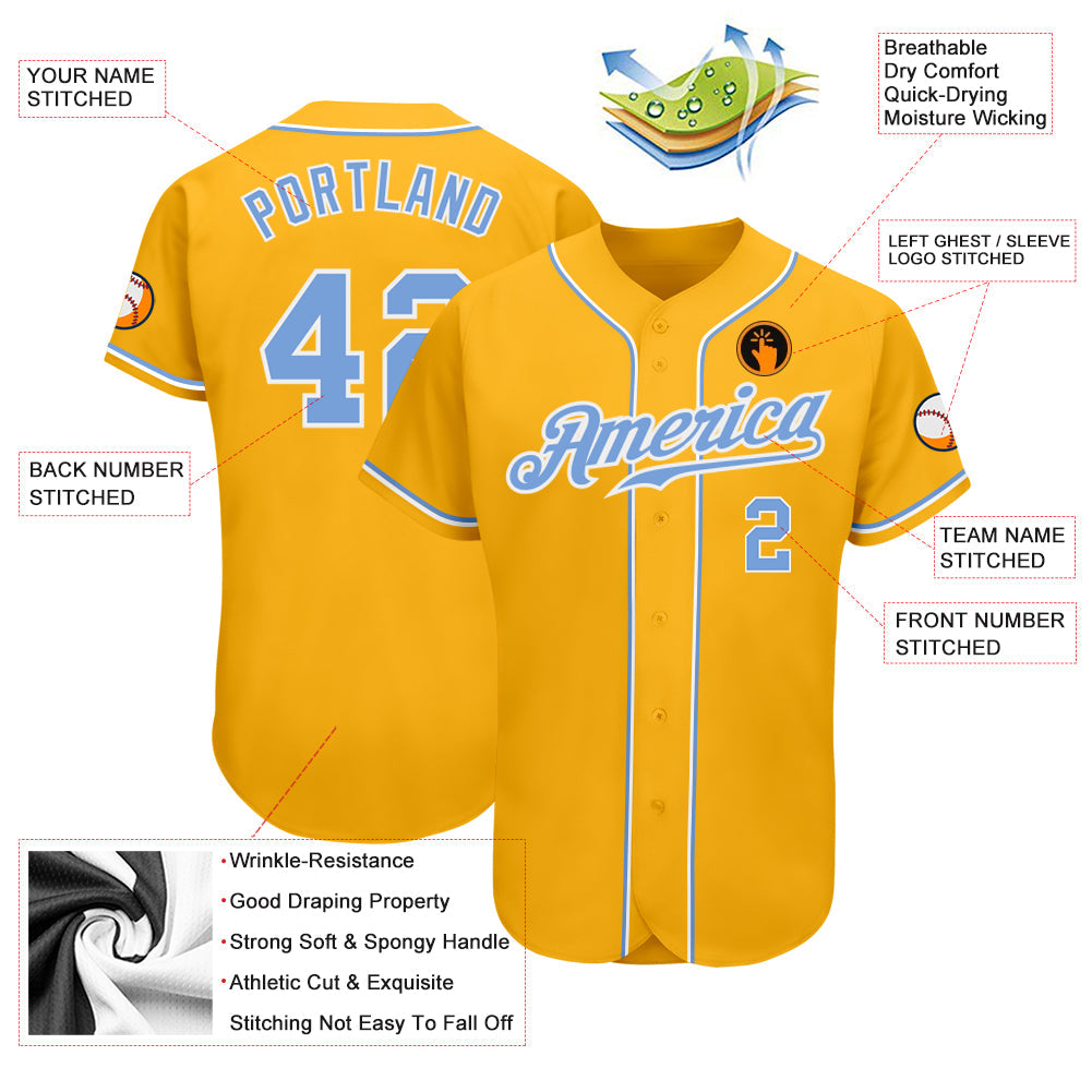 Custom Gold Light Blue-White Authentic Baseball Jersey view 3