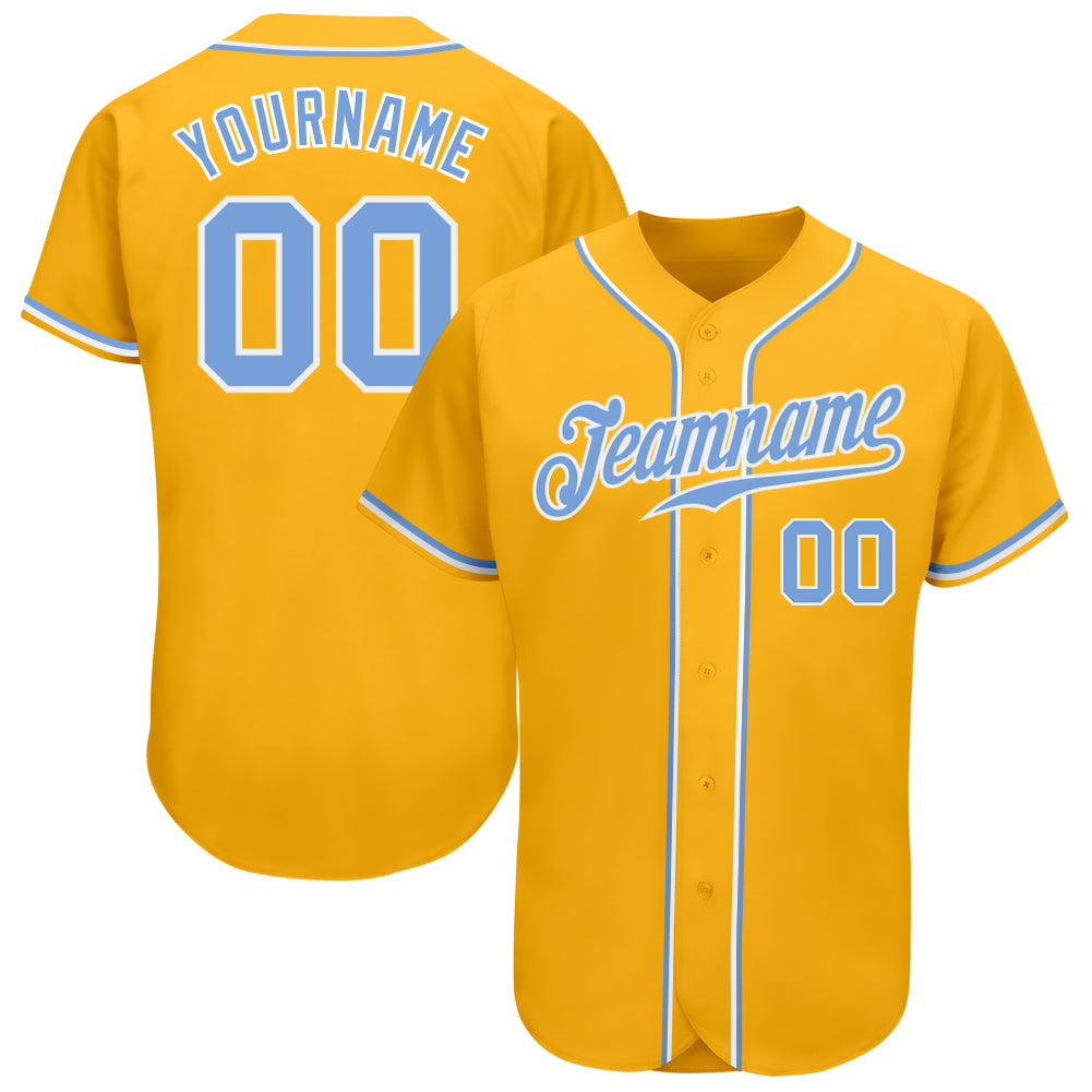 Custom Gold Light Blue-White Authentic Baseball Jersey - Main View
