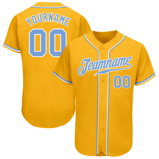 Custom Gold Light Blue-White Authentic Baseball Jersey - Main View