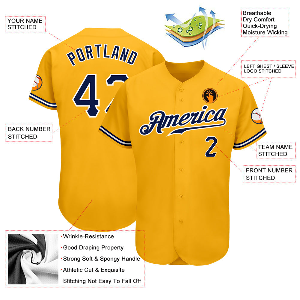 Custom Gold Navy-White Authentic Baseball Jersey view 3