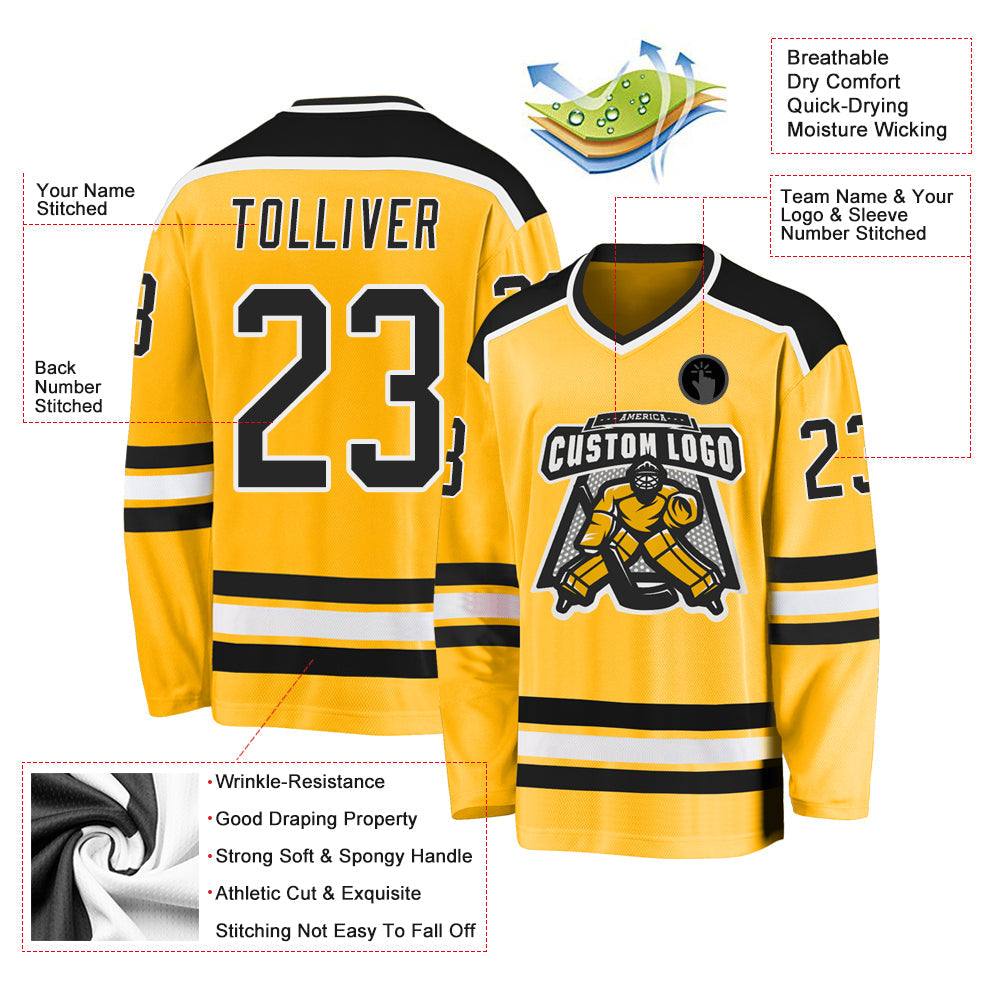 Custom Gold Black-White Hockey Jersey view 3