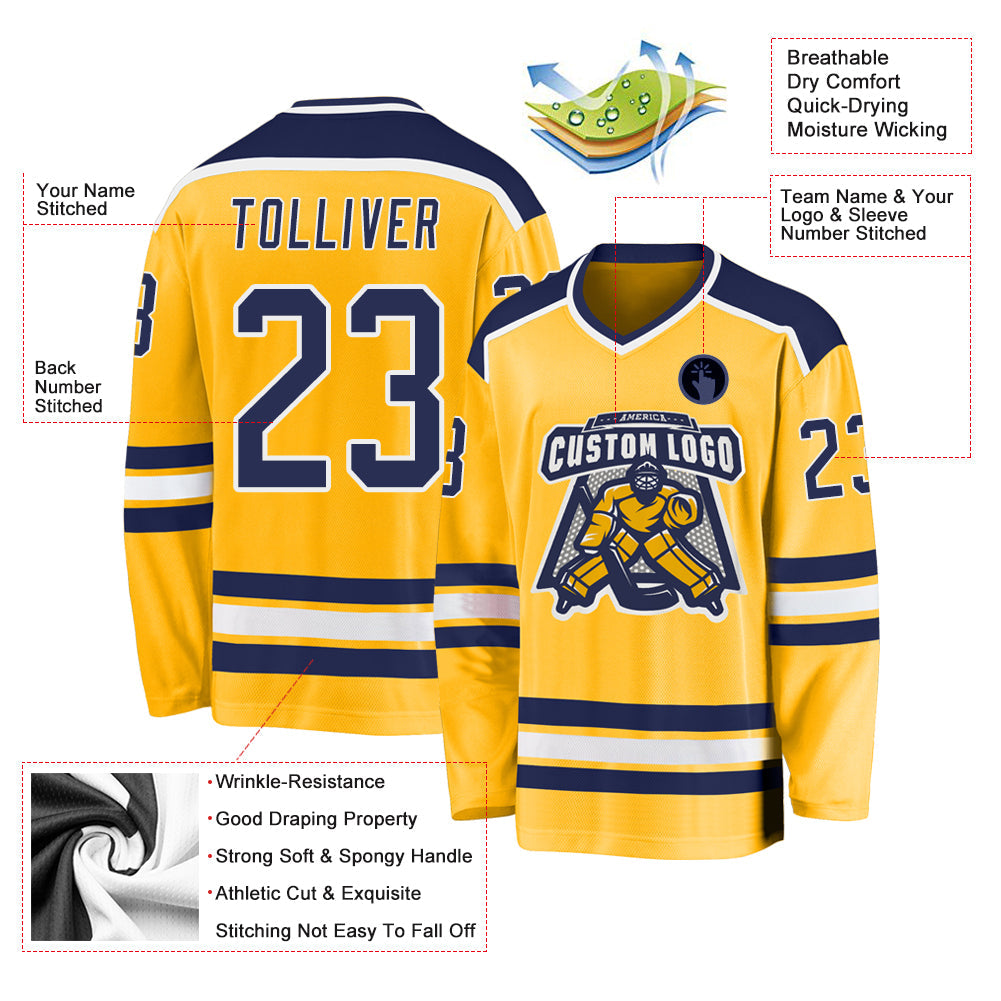 Custom Gold Navy-White Hockey Jersey view 3