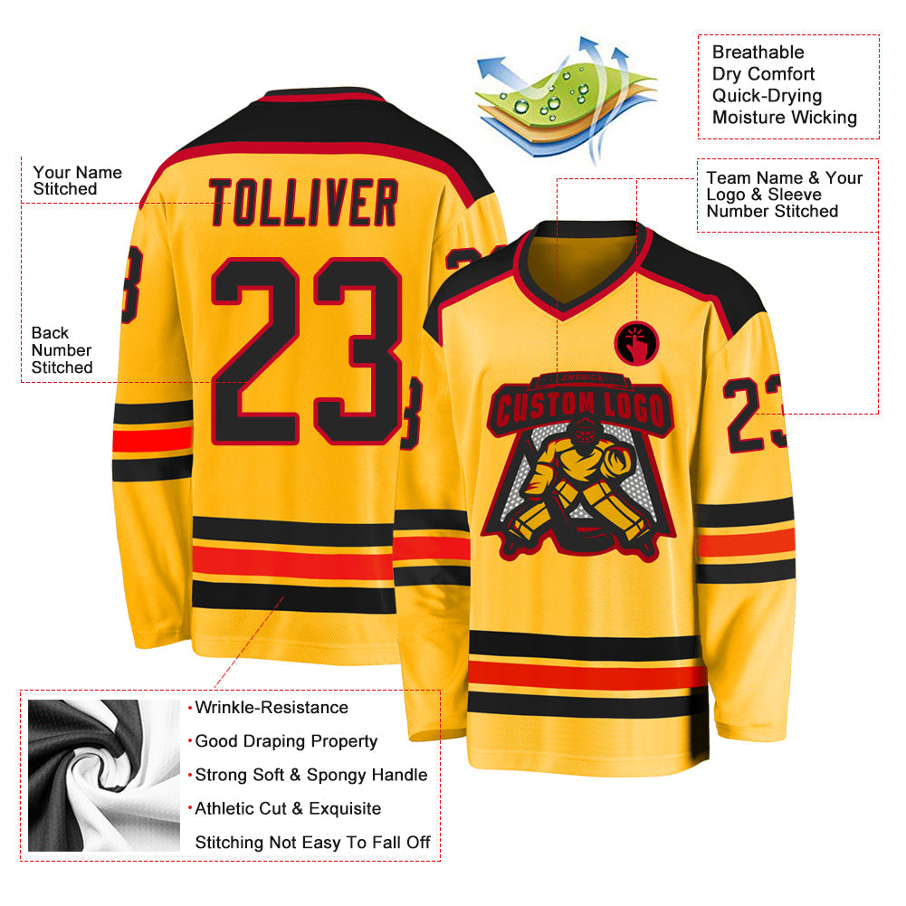 Custom Gold Black-Red Hockey Jersey view 3