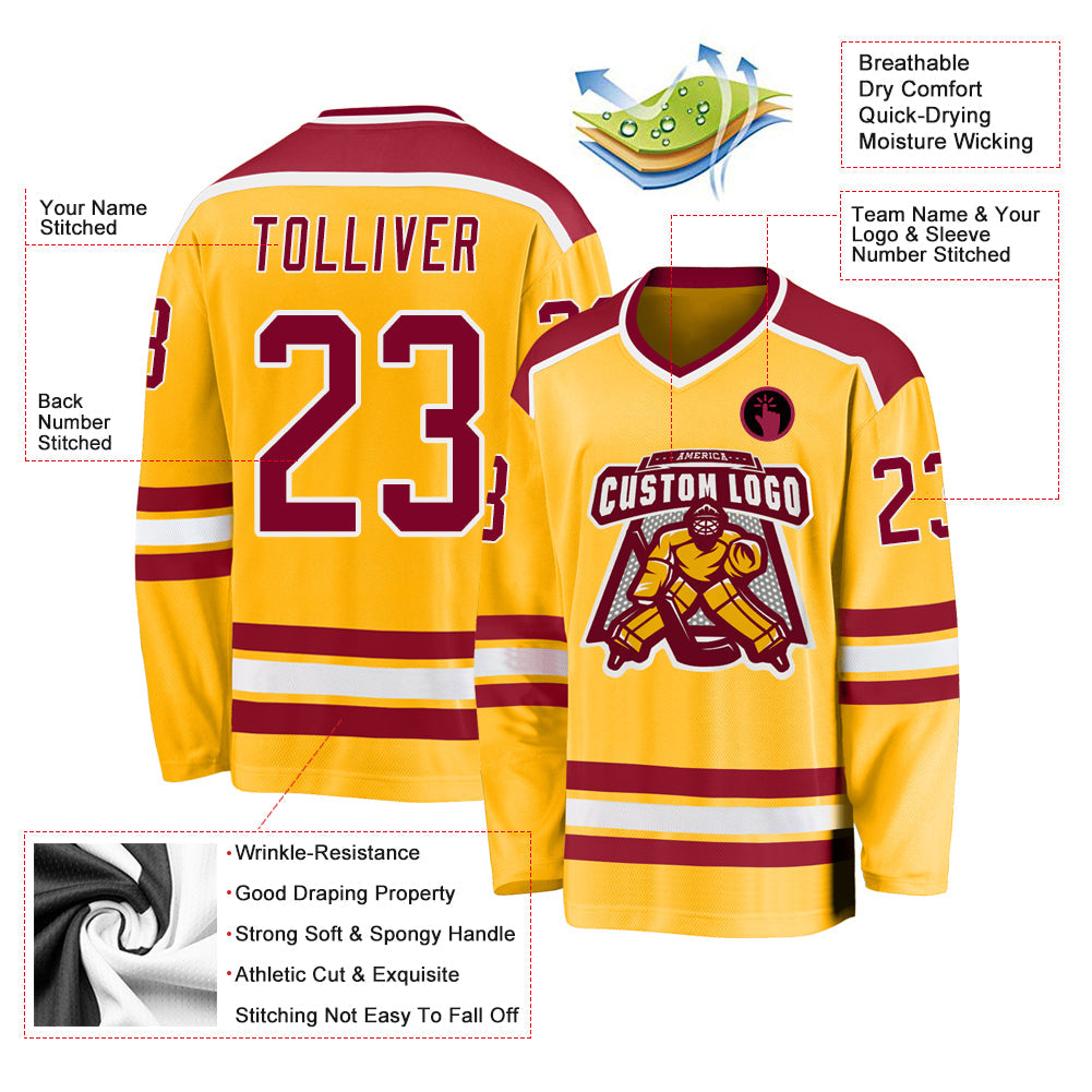 Custom Gold Maroon-White Hockey Jersey view 3