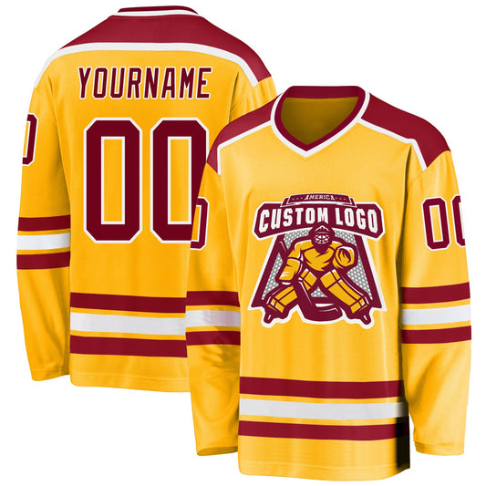 Custom Gold Maroon-White Hockey Jersey - Main View
