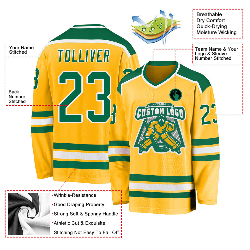 Custom Gold Kelly Green-White Hockey Jersey view 3