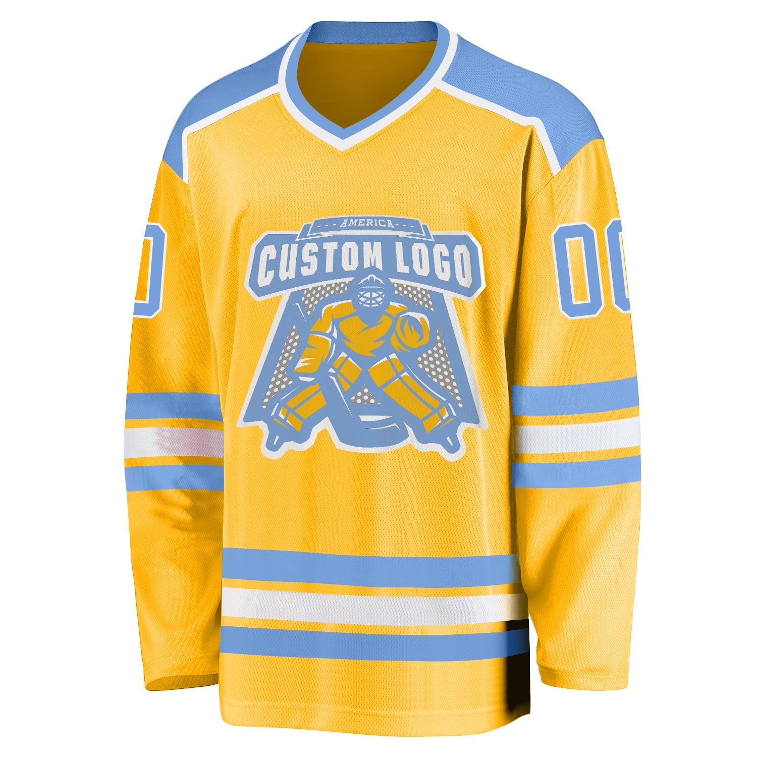 Custom Gold Light Blue-White Hockey Jersey view 2