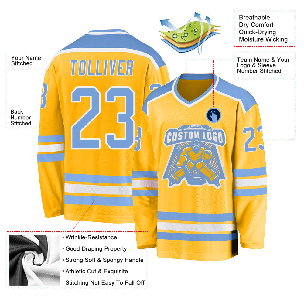 Custom Gold Light Blue-White Hockey Jersey view 3