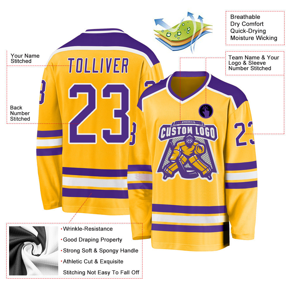 Custom Gold Purple-White Hockey Jersey view 3