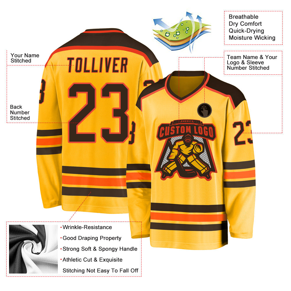 Custom Gold Brown-Orange Hockey Jersey view 3