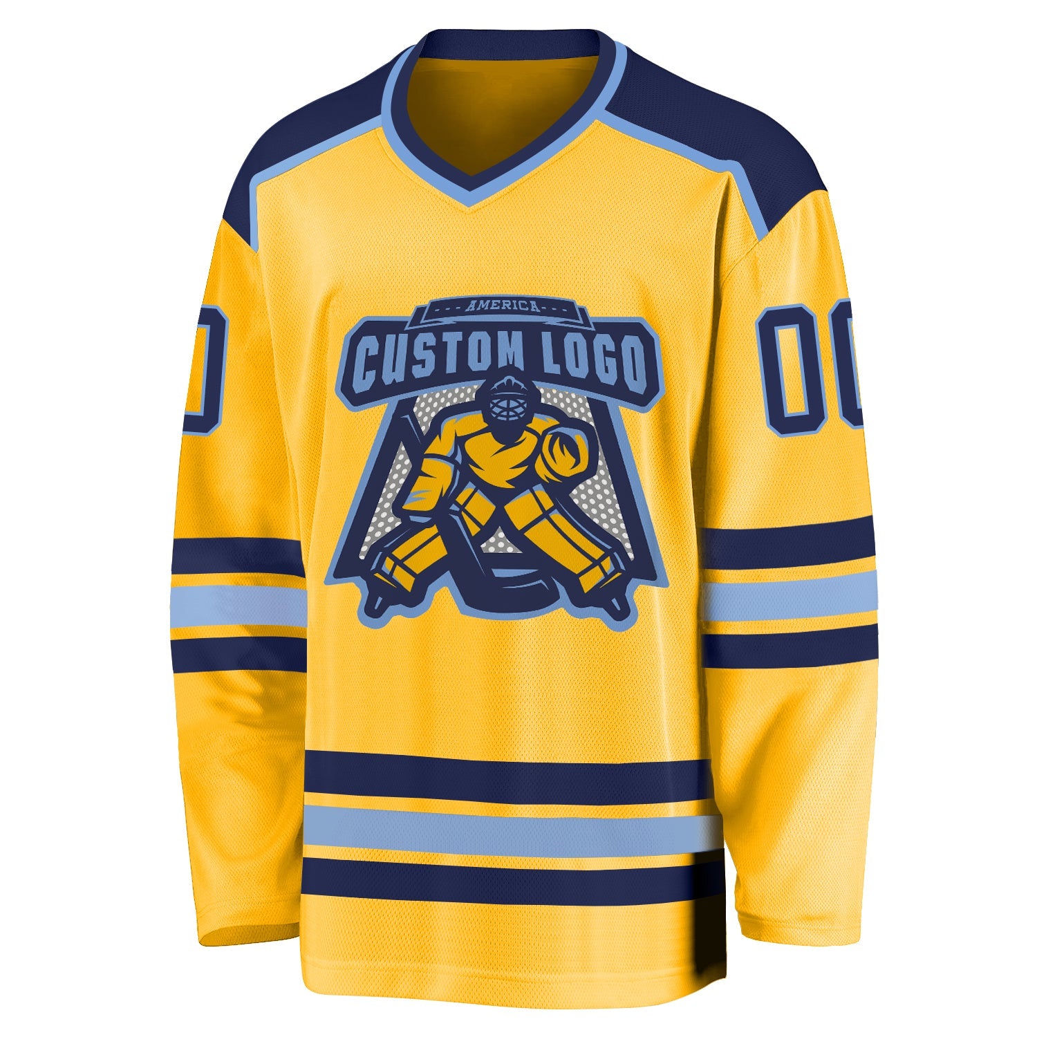 Custom Gold Navy-Light Blue Hockey Jersey view 2