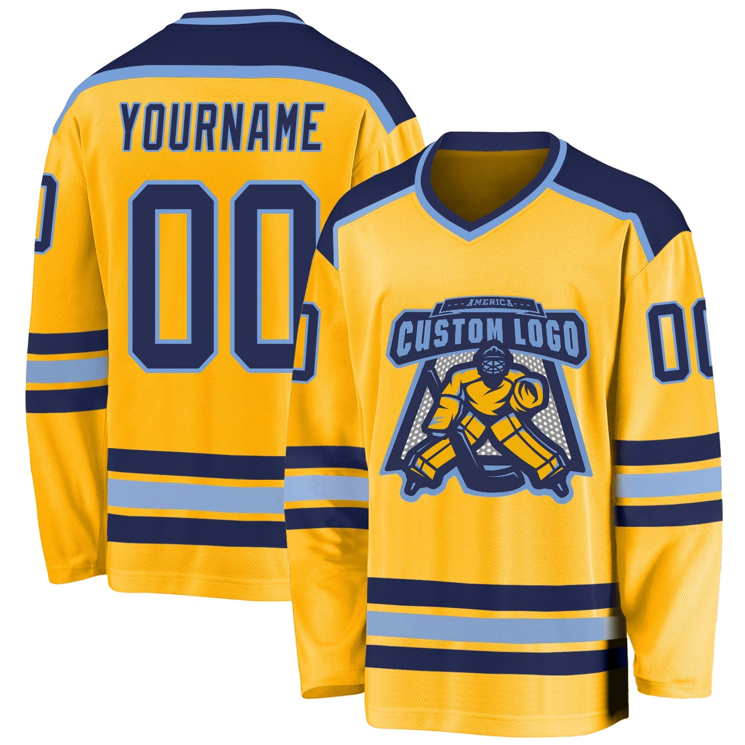 Custom Gold Navy-Light Blue Hockey Jersey - Main View