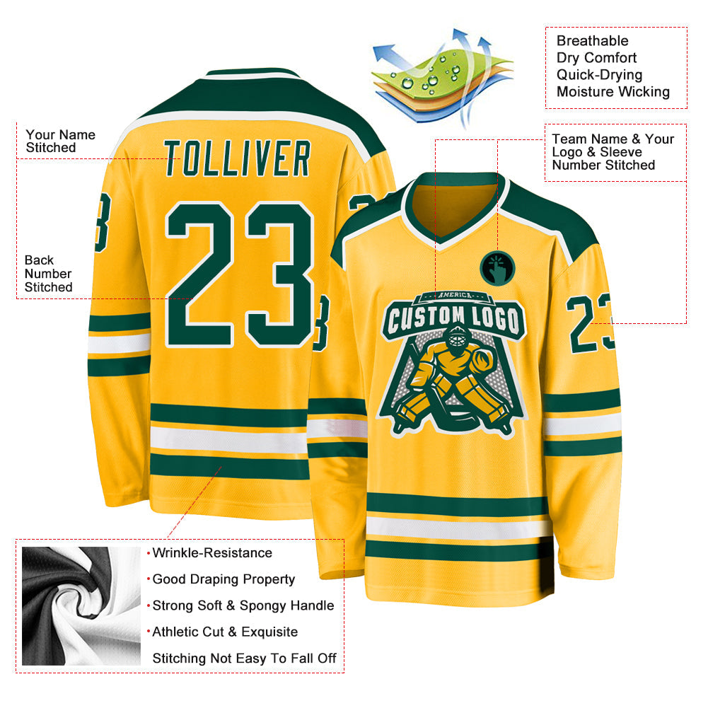 Custom Gold Green-White Hockey Jersey view 3