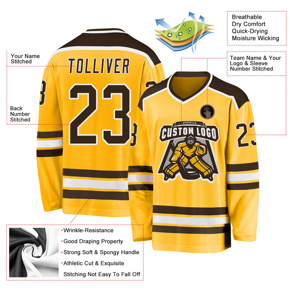 Custom Gold Brown-White Hockey Jersey view 3