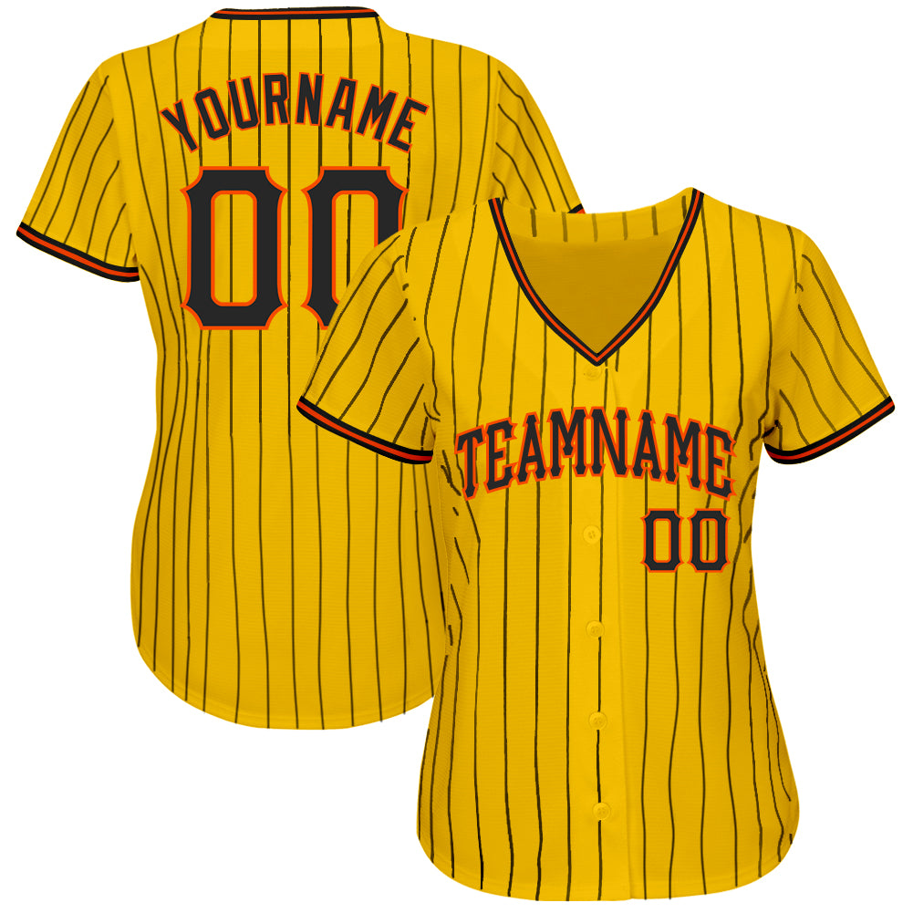 Custom Yellow Black Pinstripe Black-Orange Authentic Baseball Jersey view 2