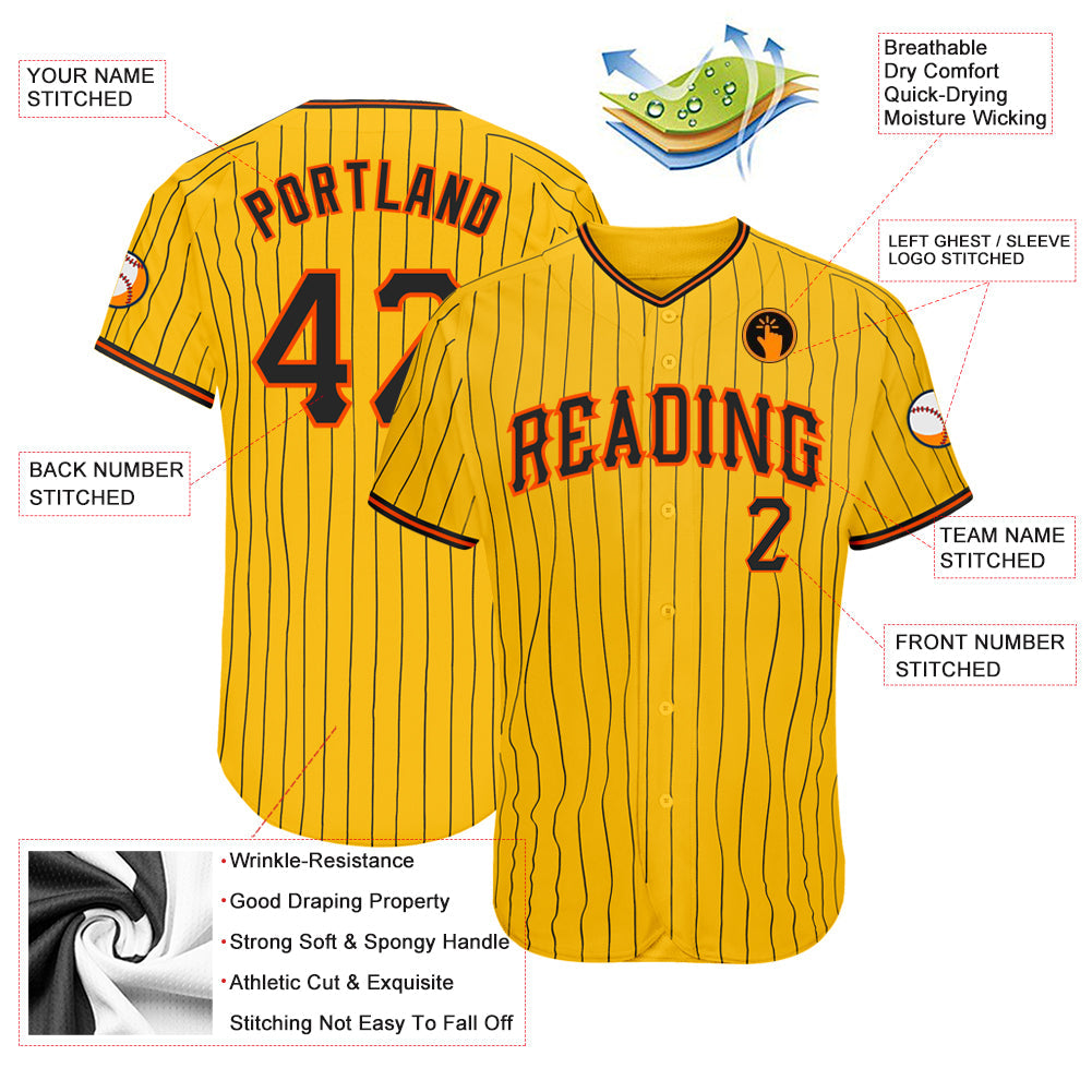 Custom Yellow Black Pinstripe Black-Orange Authentic Baseball Jersey view 3