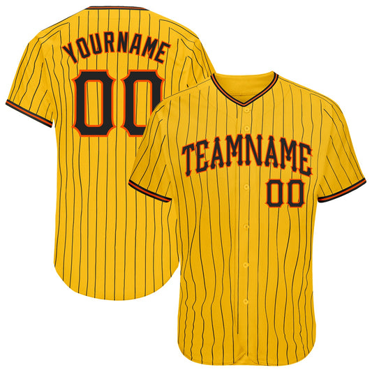 Custom Yellow Black Pinstripe Black-Orange Authentic Baseball Jersey - Main View