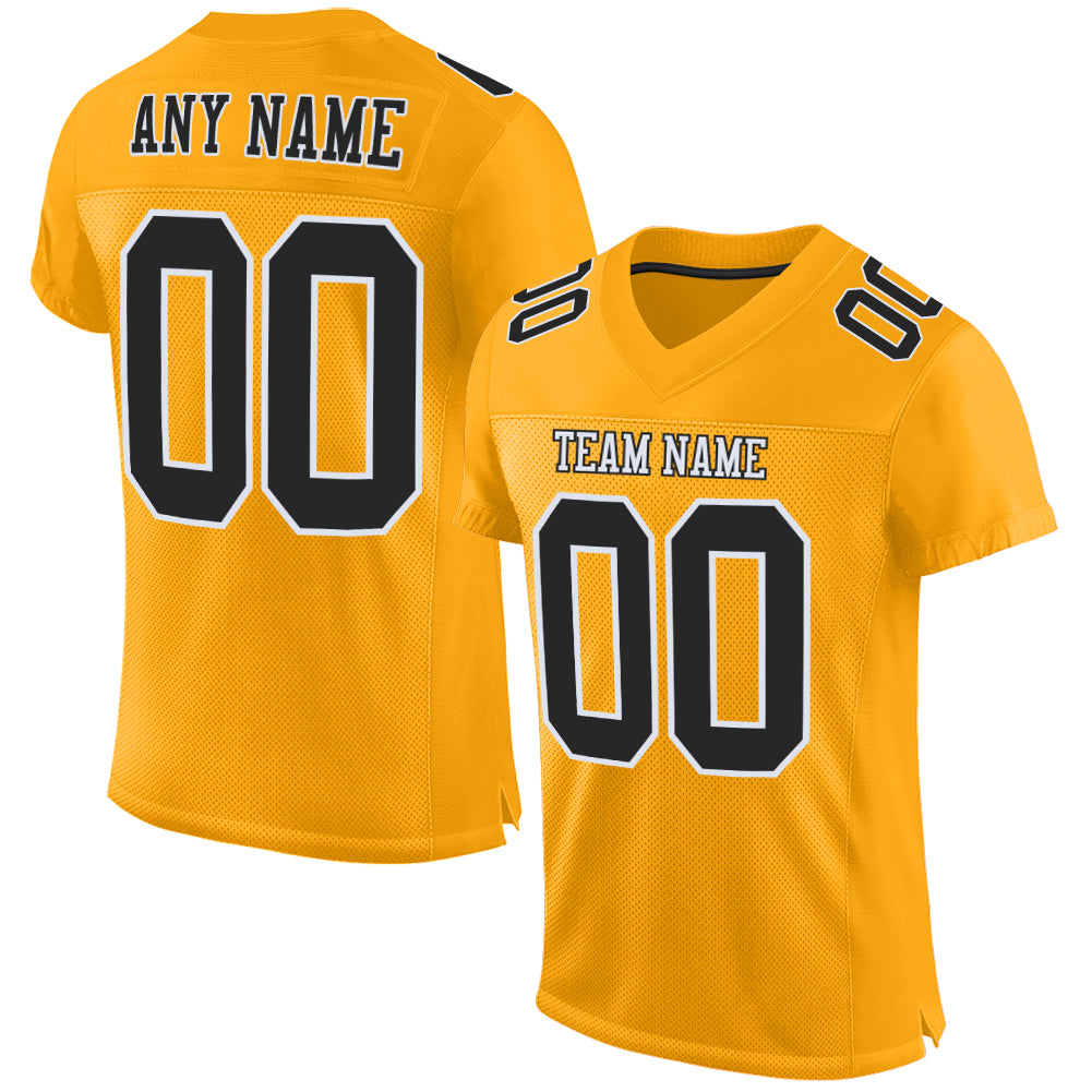 Custom Gold Black-White Mesh Authentic Football Jersey - Main View