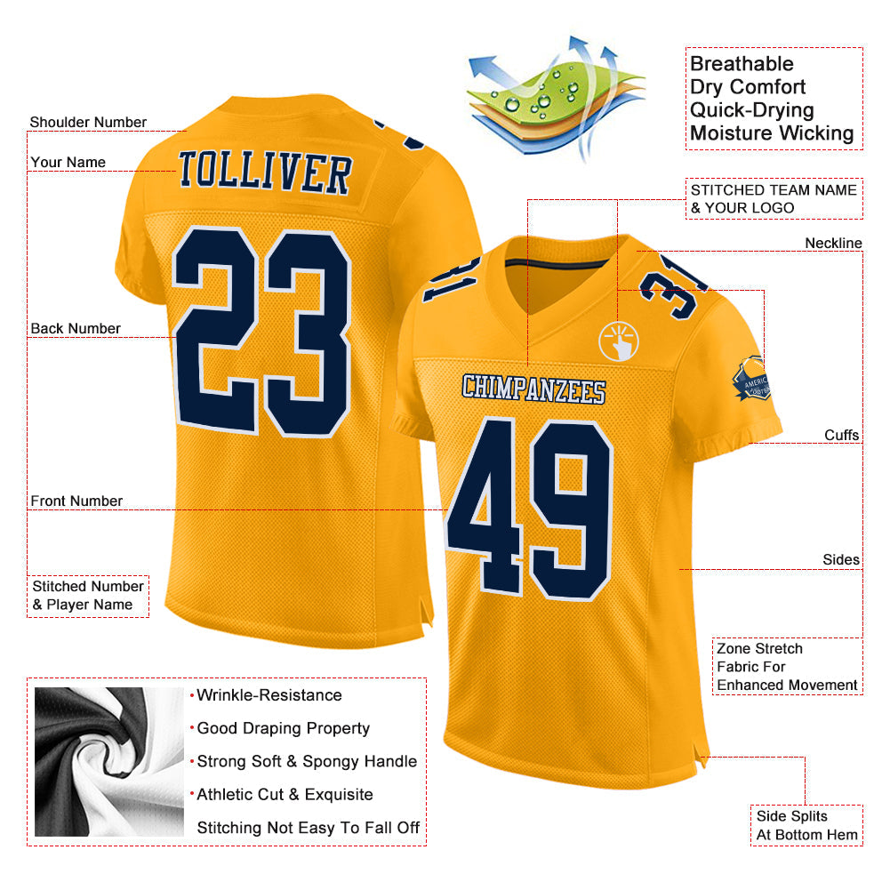 Custom Gold Navy-White Mesh Authentic Football Jersey view 2