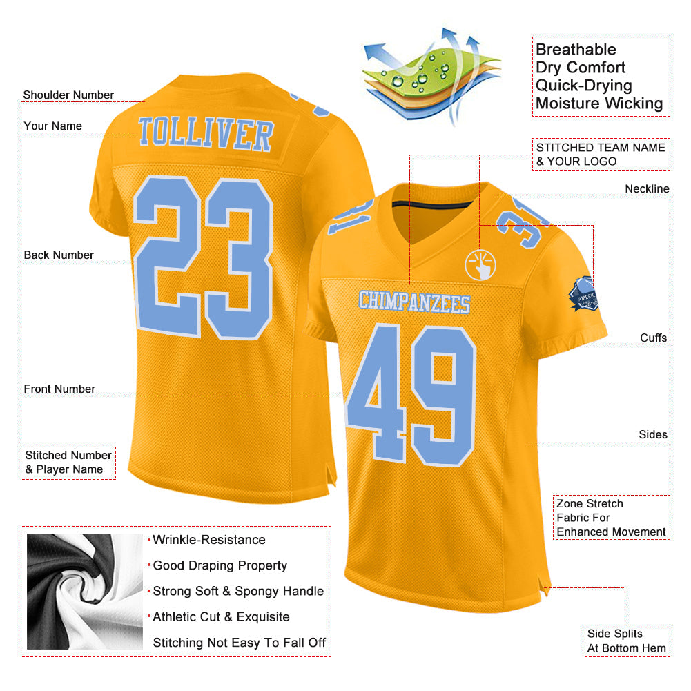 Custom Gold Light Blue-White Mesh Authentic Football Jersey view 2