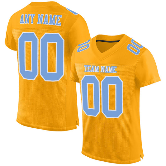 Custom Gold Light Blue-White Mesh Authentic Football Jersey - Main View