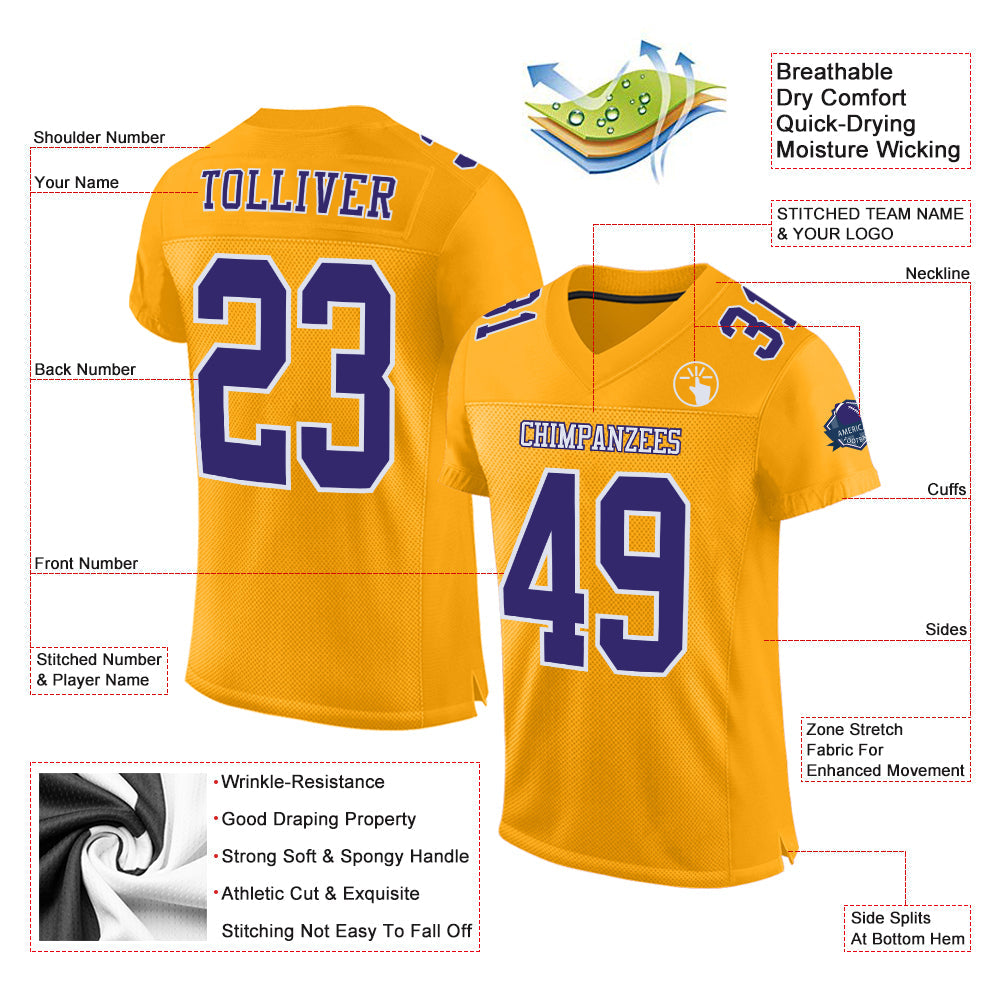 Custom Gold Purple-White Mesh Authentic Football Jersey view 2