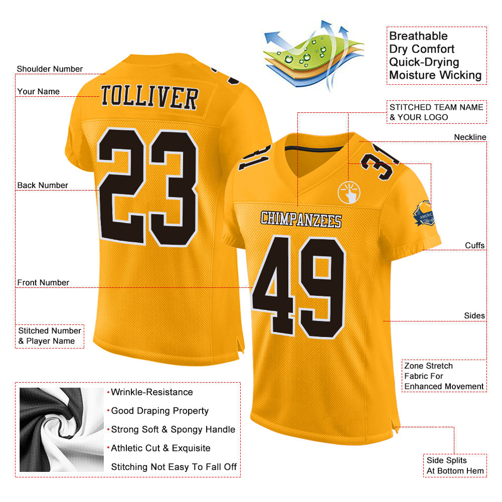Custom Gold Brown-White Mesh Authentic Football Jersey view 3